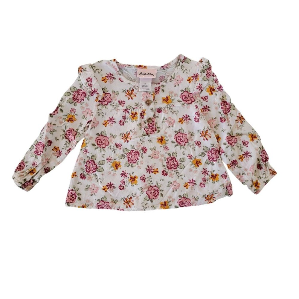 Little Lass Girls Long Sleeve Floral Top 2T White W/ Pink & Yellow Flower Print